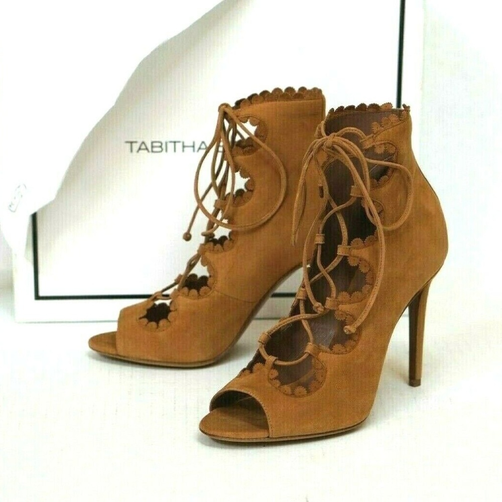 Tabitha Simmons Tan Suede Lace-Up Peep-Toe Sandals